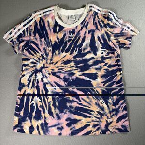Adidas Originals Shirt Womens Large Pink & Blue Tie Dye Trefoil 3-Stripes